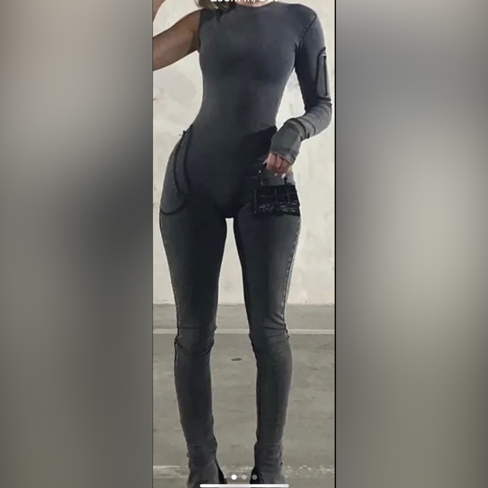 Grey One Sleeve Pocket Zipper Denim Jumpsuit